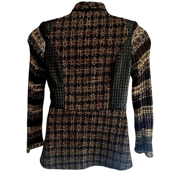 Aris A USA Black Brown Mixed Media Tweed Knit Faux leather Womens Cardigan Sz M - Picture 4 of 12